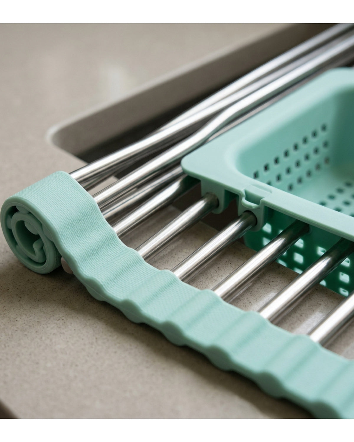 Artva Roll-Up Over-Sink Drying Rack 52 x 33 cm with Basket Seafoam - Detail view