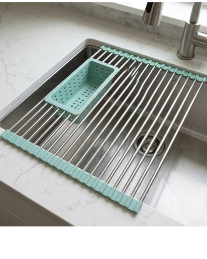 Artva Roll-Up Over-Sink Drying Rack 52 x 33 cm with Basket Seafoam - Lifestyle view