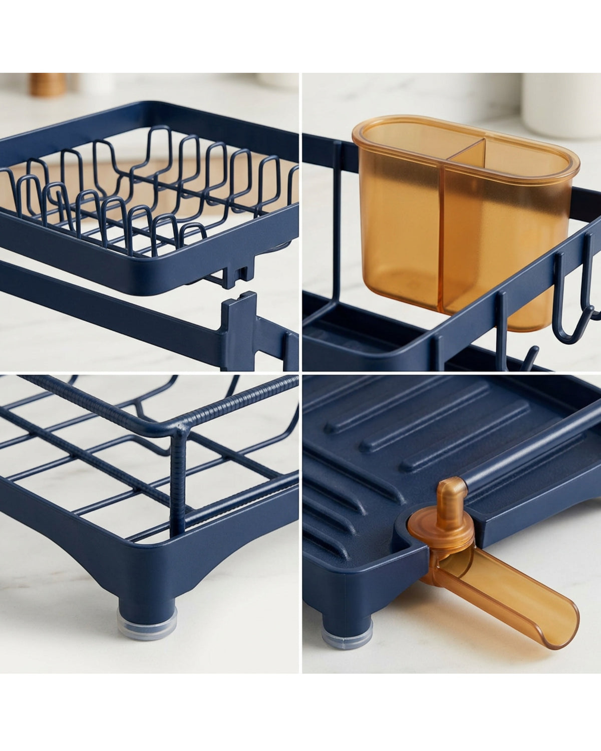 Artva Two-Tier Dish Drying Rack with Swivel Drain Spout Navy and Amber - Detail view