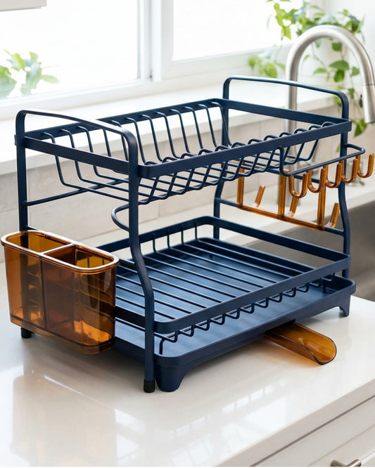 Artva Two-Tier Dish Drying Rack with Swivel Drain Spout Navy and Amber - Lifestyle view