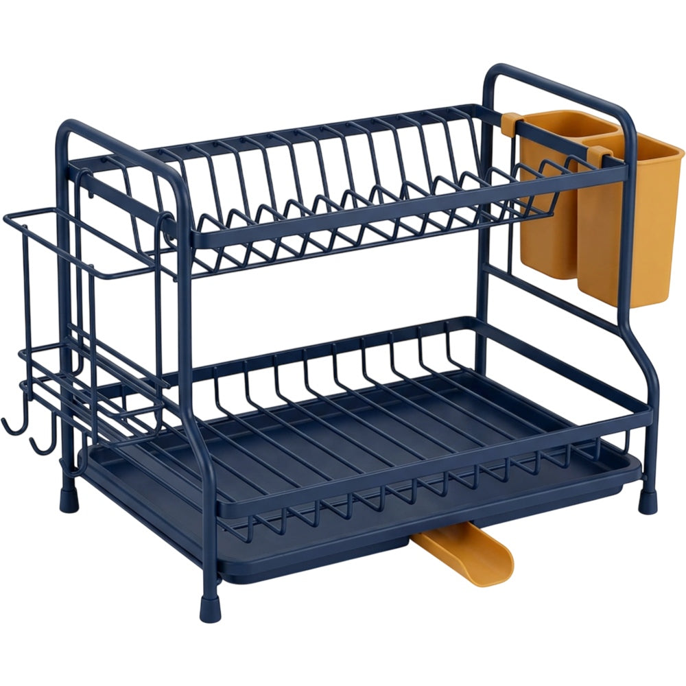 Artva Two-Tier Dish Drying Rack with Swivel Drain Spout Navy and Amber - Product view