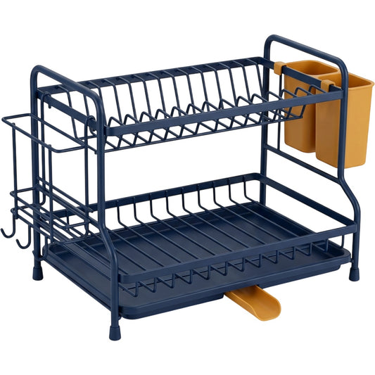 Artva Two-Tier Dish Drying Rack with Swivel Drain Spout Navy and Amber - Product view